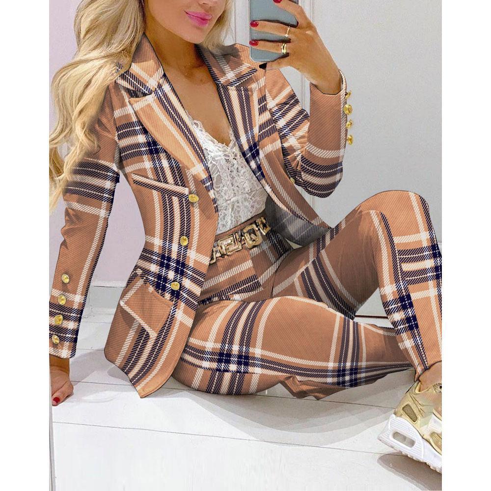 Spring Autumn Fahsion Blazers Pant Sets Casual Long Sleeve Print Coat And Pencil Pant Two Piece Set Office Elegant Suits Women