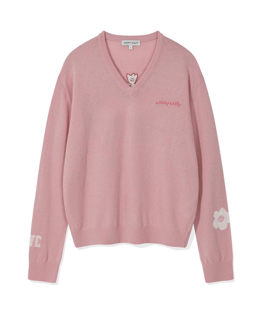 WACKY WILLY Women'S Kiki Embroidered V-Neck Pullover Knit Pink