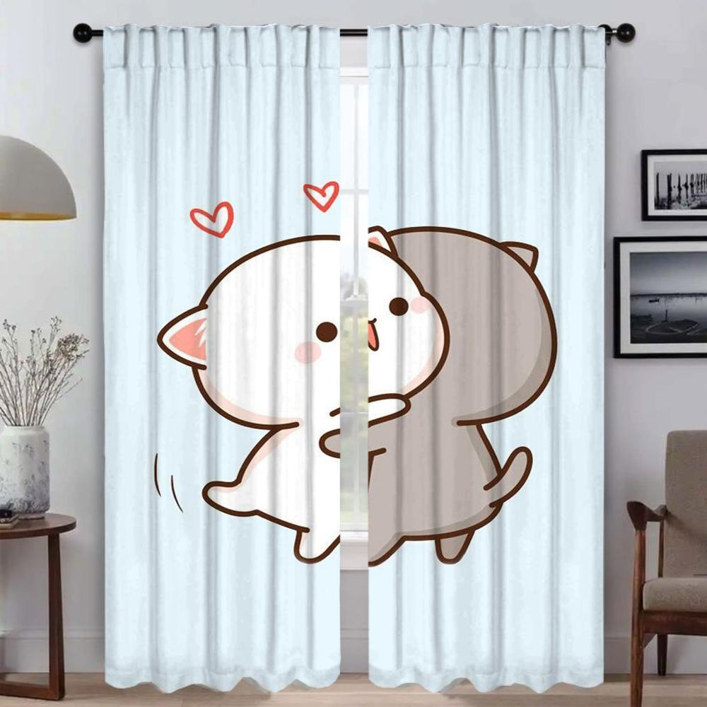 Zasłony Kuchenne 2 Sztuki Brzoskwiniowy Kot Mochi Zasłona do Salonu Tiul do Sypialni Dekoracja Halloween Zasłony do Wnętrza Domu