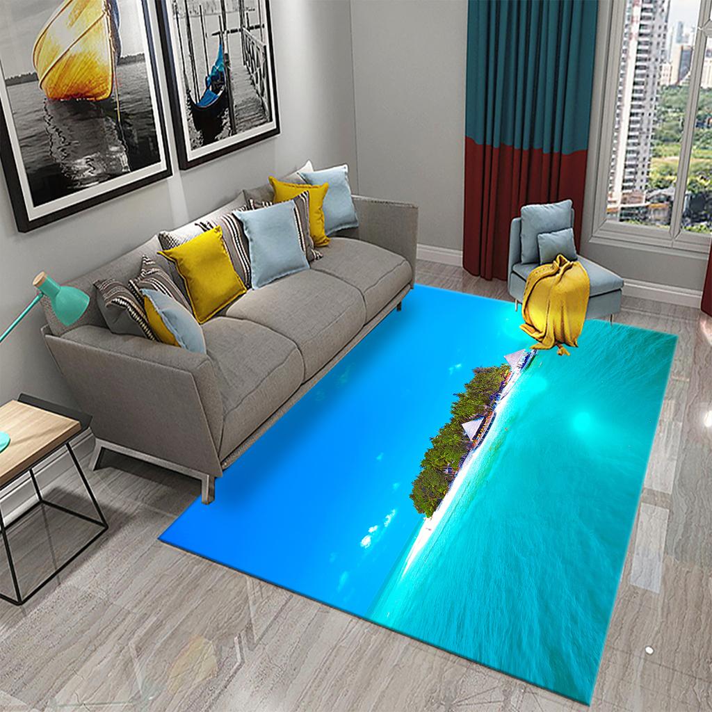 3D Tropical Island Ocean Beach Print Carpet for Kitchen Bathroom Living Room Bedroom Non-slip Absorbent Modern Home Decor Carpet