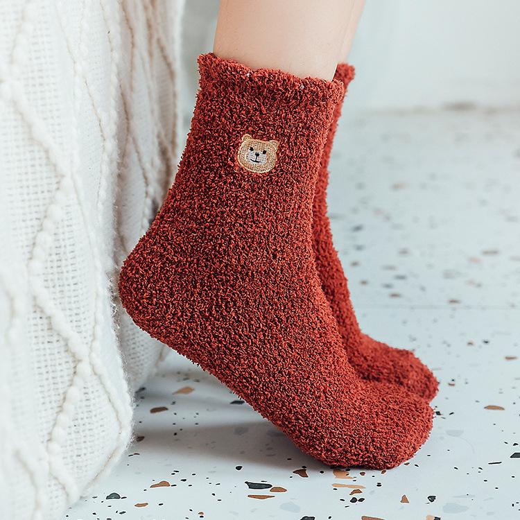 1pair Coral Fleece Sleeping Socks Home Socks Women's Mid-tube Autumn and Winter Embroidery Bear Cute Plus Velvet Thick Warm Long Tube