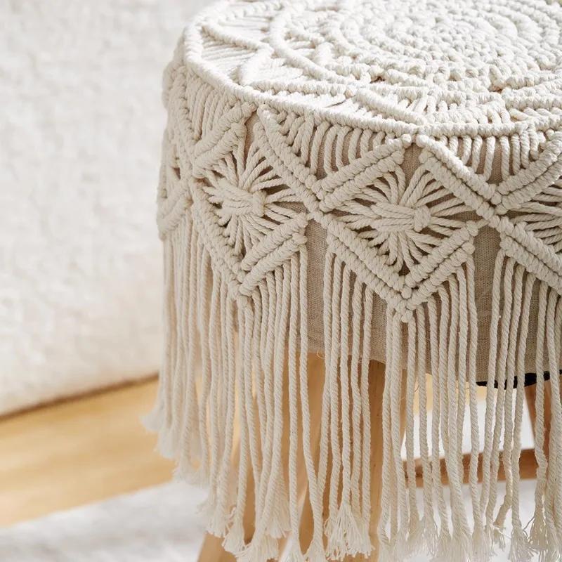 Solid Wood Nordic Makeup Stool Vintage Dressing Stool Woven Fringe Round Seat Upholstered Stool for Guesthouses