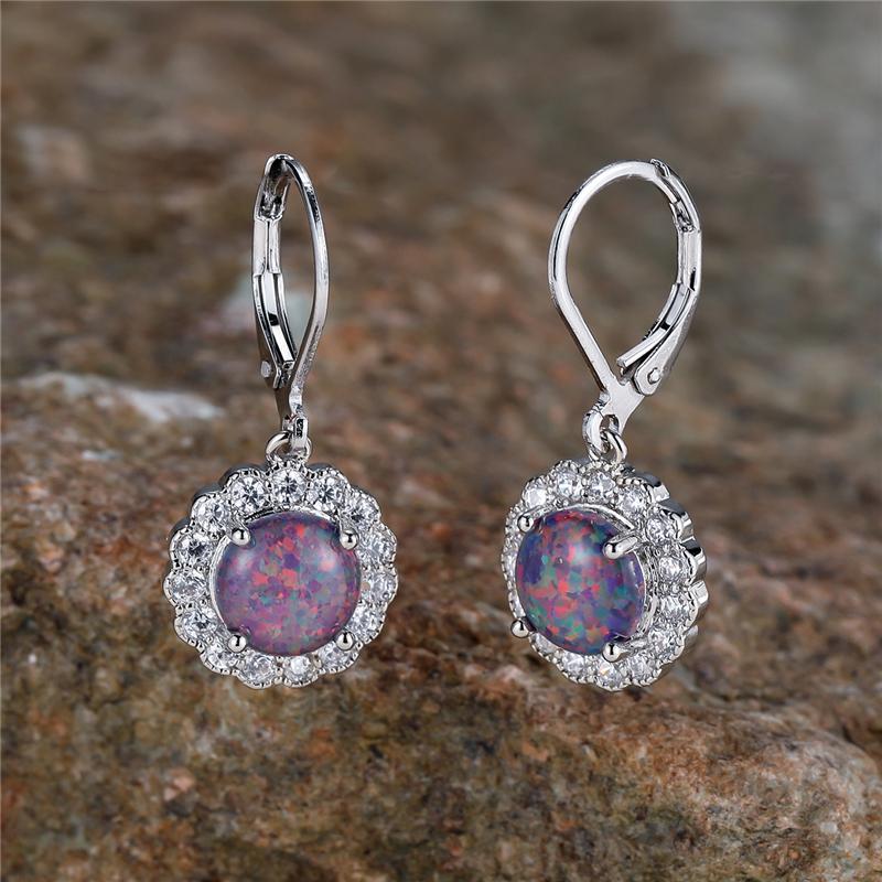 Cute White Blue Fire Opal Stone Round Hoop Earrings For Women Charm Female Silver Color Wedding Jewelry Gift