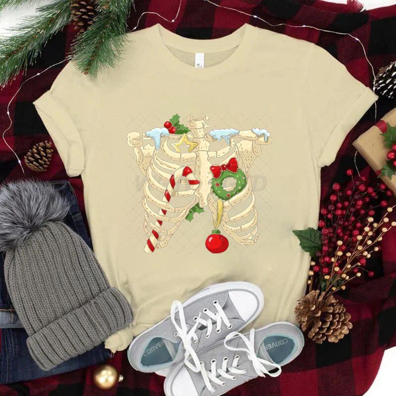 Christmas Skeleton Skull Tshirt Unisex Women Fashion Casual Tops Xmas Festive Holiday Classic Tops Unisexs Womens Clothing