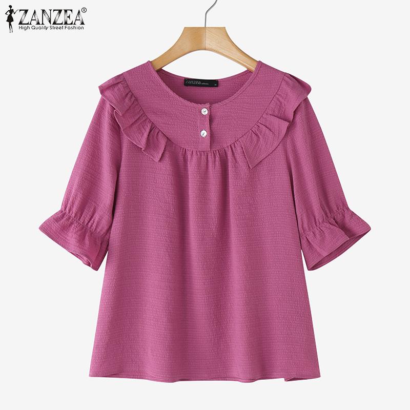 

ZANZEA Womens Casual Round Neck Solid Color Loose Half Sleeve Blouse 5XL хакі