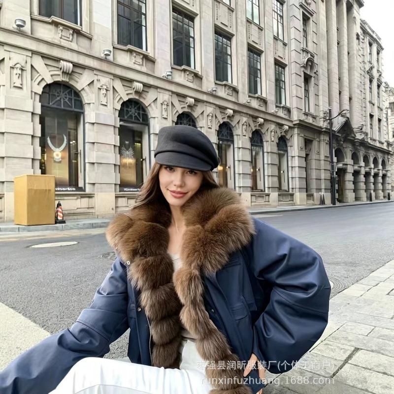 Short Women's Casual Fashion Simple White Duck Down Parker Down Jacket Autumn and Winter Warm Jacket Imitation Fox Fur Placket