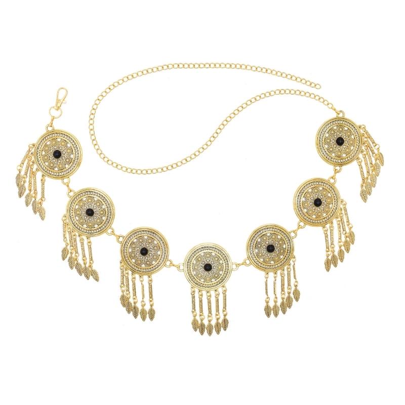 Retro Waist Chain Round Hollowed Leaf Tassels Pendant Body Chain Ethnic Body Jewelry Wearable Waist Ornament Girdle 1