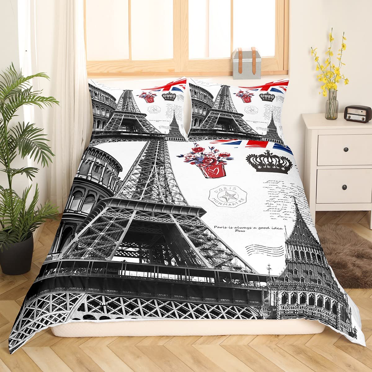 Comforter Paris Eiffel Tower Bedding Set Historical Scenery Famous City Scene Comforter Modern Cityscape Comforter (quilt)-EU Single(135*200cm)3pcs