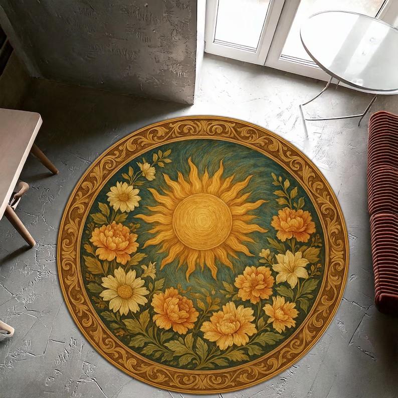 Golden Sun Garden Rug Yellow Green Round Carpet with Floral Sun Design Boho Celestial Rug for Artistic Joyful Home Decoration