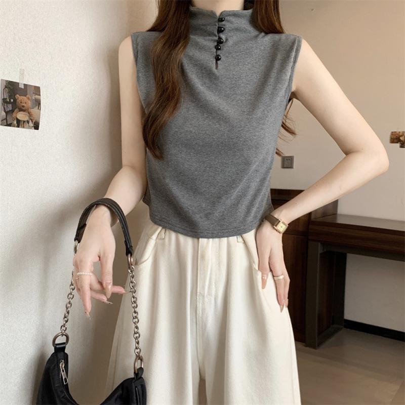 Women's Gray Sleeveless High-Collar Slim Fit T-Shirt with Buttons and Custom Logo