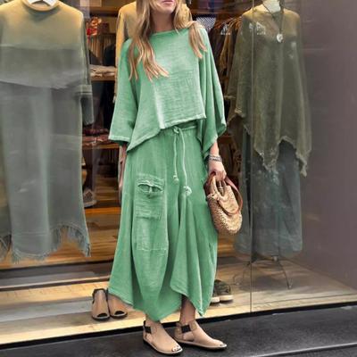 2 Pcs/Set Women Top Skirt Suit Round Neck Three Quarter Sleeve Slant Hem Vintage Top Drawstring Elastic Waist Loose Irregular Maxi Skirt Spring Daily