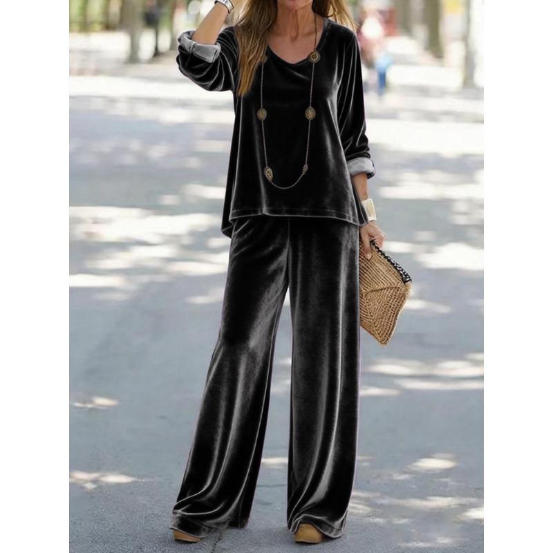 New Women's Casual V-neck Pullover Long Sleeves and Trousers Velvet Multi-color Women's Suit