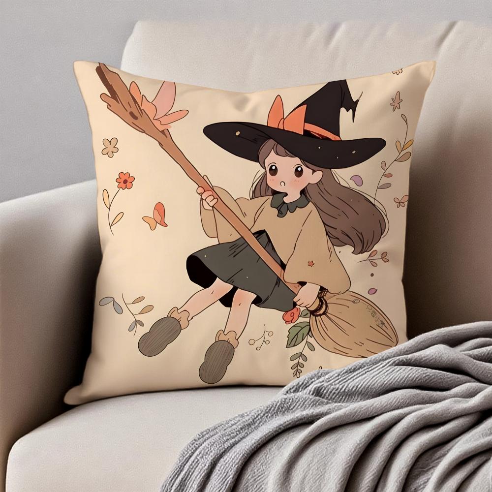 A Cute Cartoon Witch Childlike Art Cushion Cover Pillowcase Antidustmite Invisible Zipper Short Plush Sofa Cushion