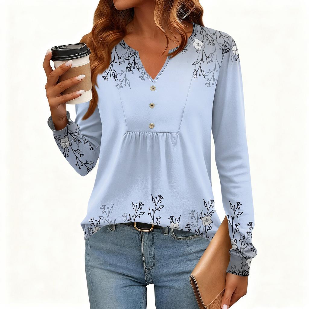 Tricou Pulover de Damă, Croială Relaxată, Gât în V, Culoare Vintage, Blocuri de Culoare cu Imprimeu Floral, Mânecă Lungă