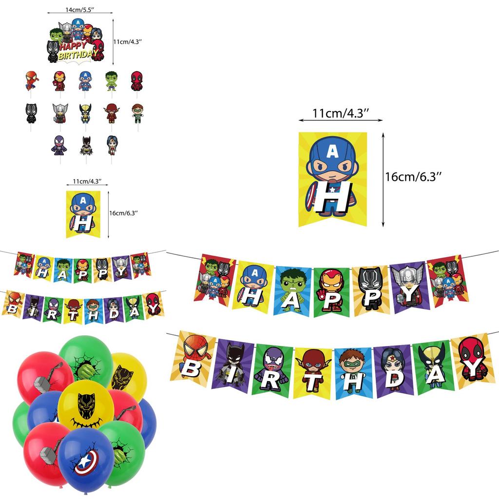 Themed Kids Birthday Party Hanging Flag Banner Decorations Balloon Cake Topper Set