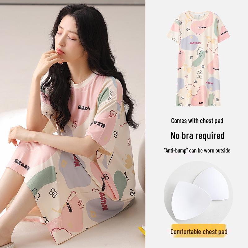 Women's Summer Modal Pajamas: Short Sleeve, Thin Style, with Chest Pads, Round Neck – Sweet Student Homewear