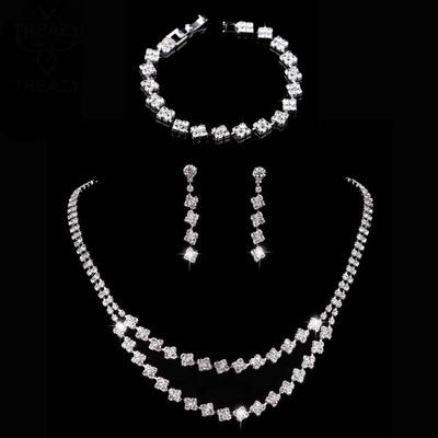 Bracciale Geometrico Doppio da Sposa Set di Gioielli Braccialetto Catena a Griffe Diamante Stile Semplice Collana Orecchini Gioielli