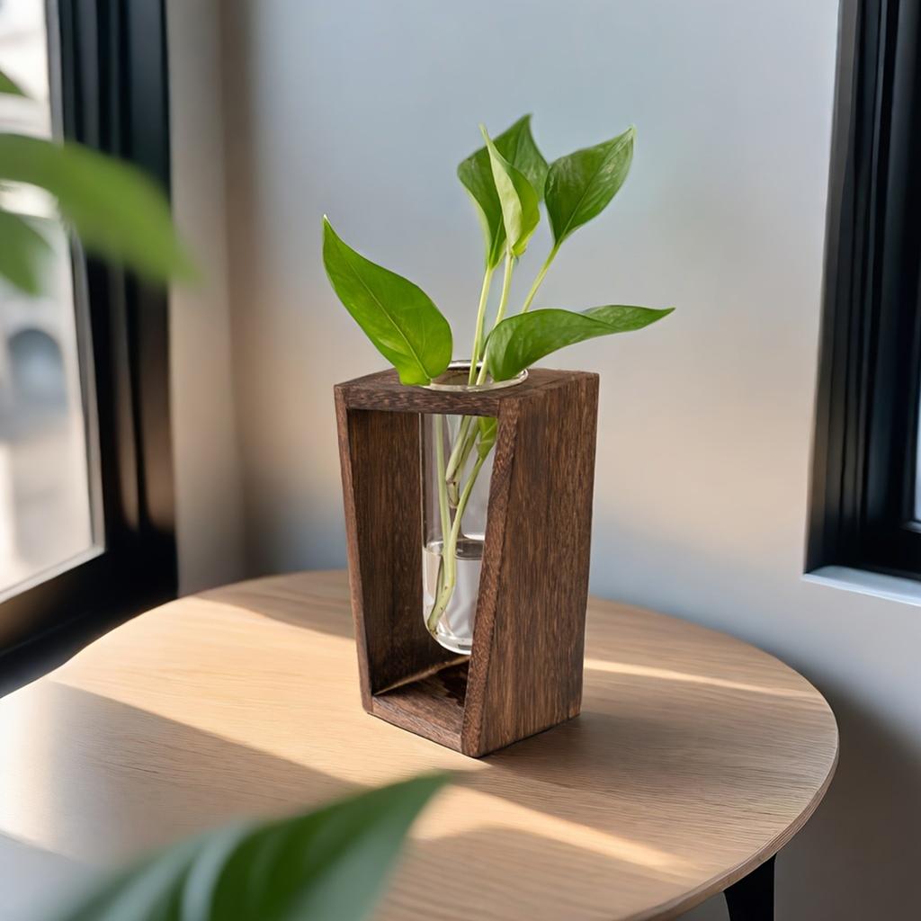 Geometric Glass Vase with Wooden-Stand for Hydroponic Plants and Home Decor
