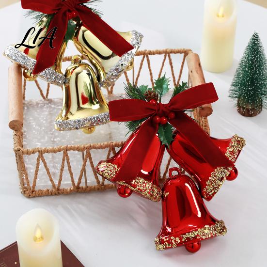 Triple Bell Pendant for Holiday Decor Christmas Ornament with Red Bow & Holly Leaves, Glossy Tiered Scene Jingle Bells Hanging Tree Wreath Door, Party