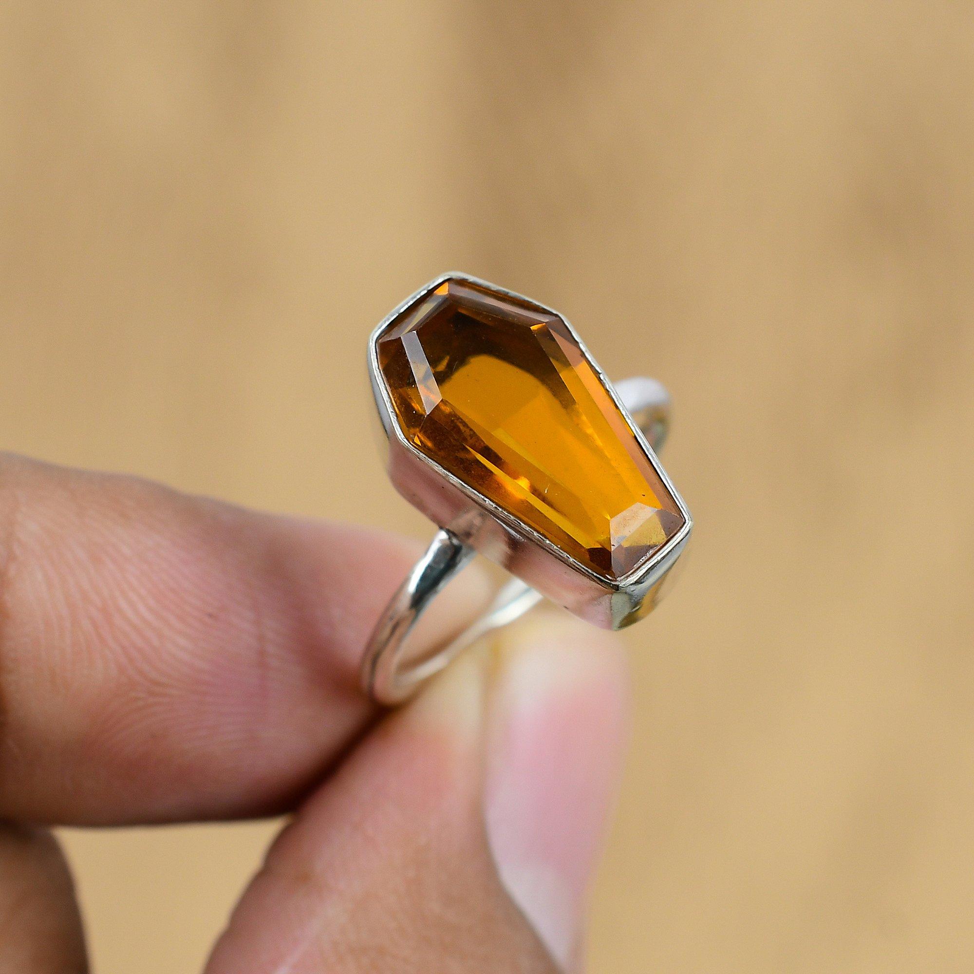 

925 Sterling Silver Natural Citrine Elegant Coffin Promise Ethnic Ring Size 7.75 No