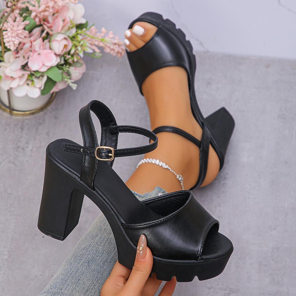 2025 Frühling und Sommer neue dicke Ferse High Heel Fischmaul Sandalen Damen Koreanische Version Mode Ein-Wort Schnalle mit Plateau Außenhandel Damen