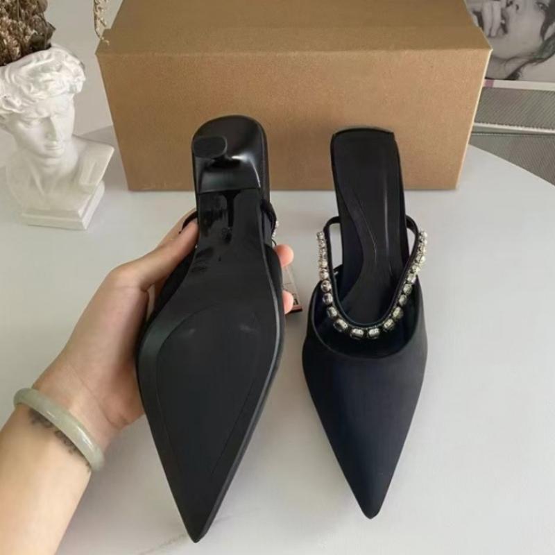 Zomer Hoge Hak Muiltjes Schoenen voor Dames Beige Zwart Suède Glanzende Diamant Ketting Sexy Puntige Neus Feest Sandalen Slingbacks