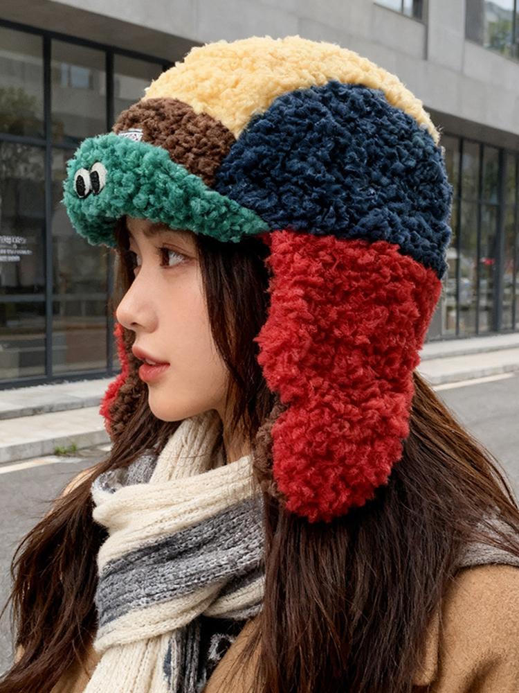 New Women Color Block Hat Cartoon Eyes Decor Winter Cute Style Warm Ear Flap Cap Cold Weather Fashion Headwear Vintage Casual