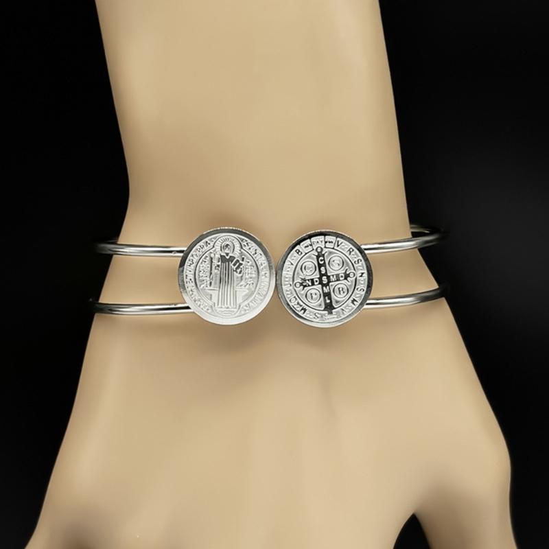 Stainless Steel Priest Faith Bracelet with Religious Round Medallions Symbolizing Belief and Inner Strength