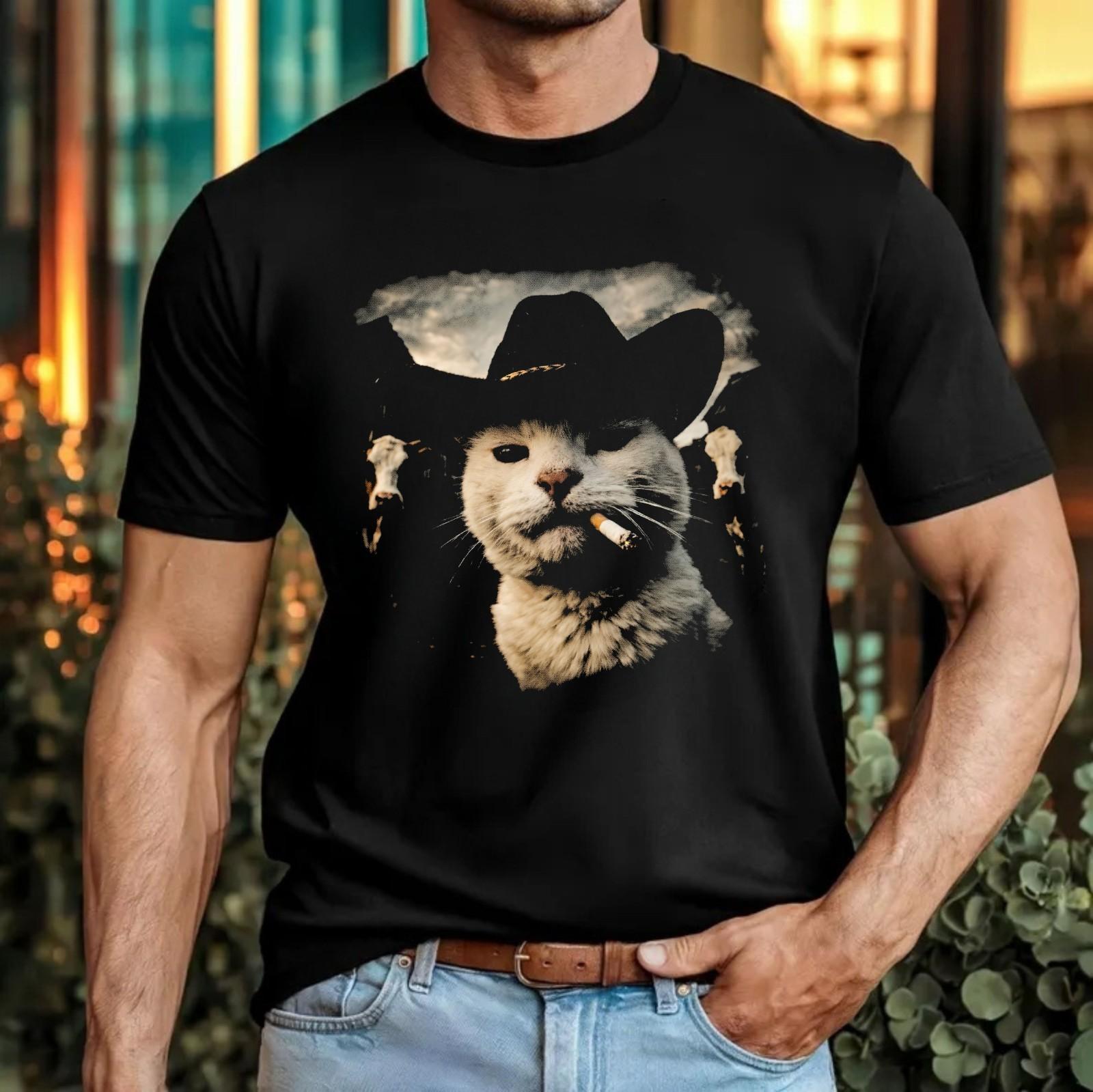 

Cowboy Cat Smoking T-Shirt Funny Meowdy Viral Meme Wild West Cat Gift Tee Top 5XL різнокольоровий