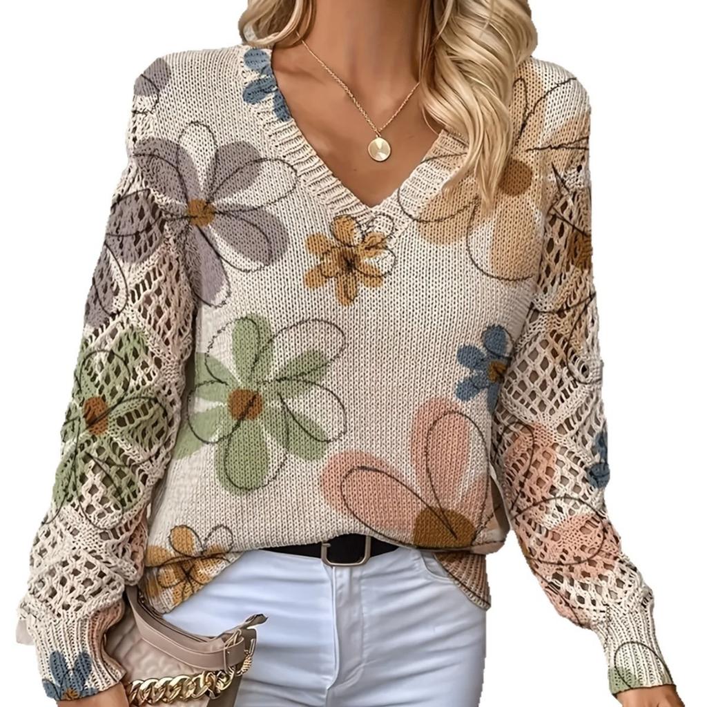 Elegant Autumn and Winter, Bohemian, Western-style Versatile Pullover V-neck Long Sleeved Women's Top, Trendy Women's Knitted Sweater