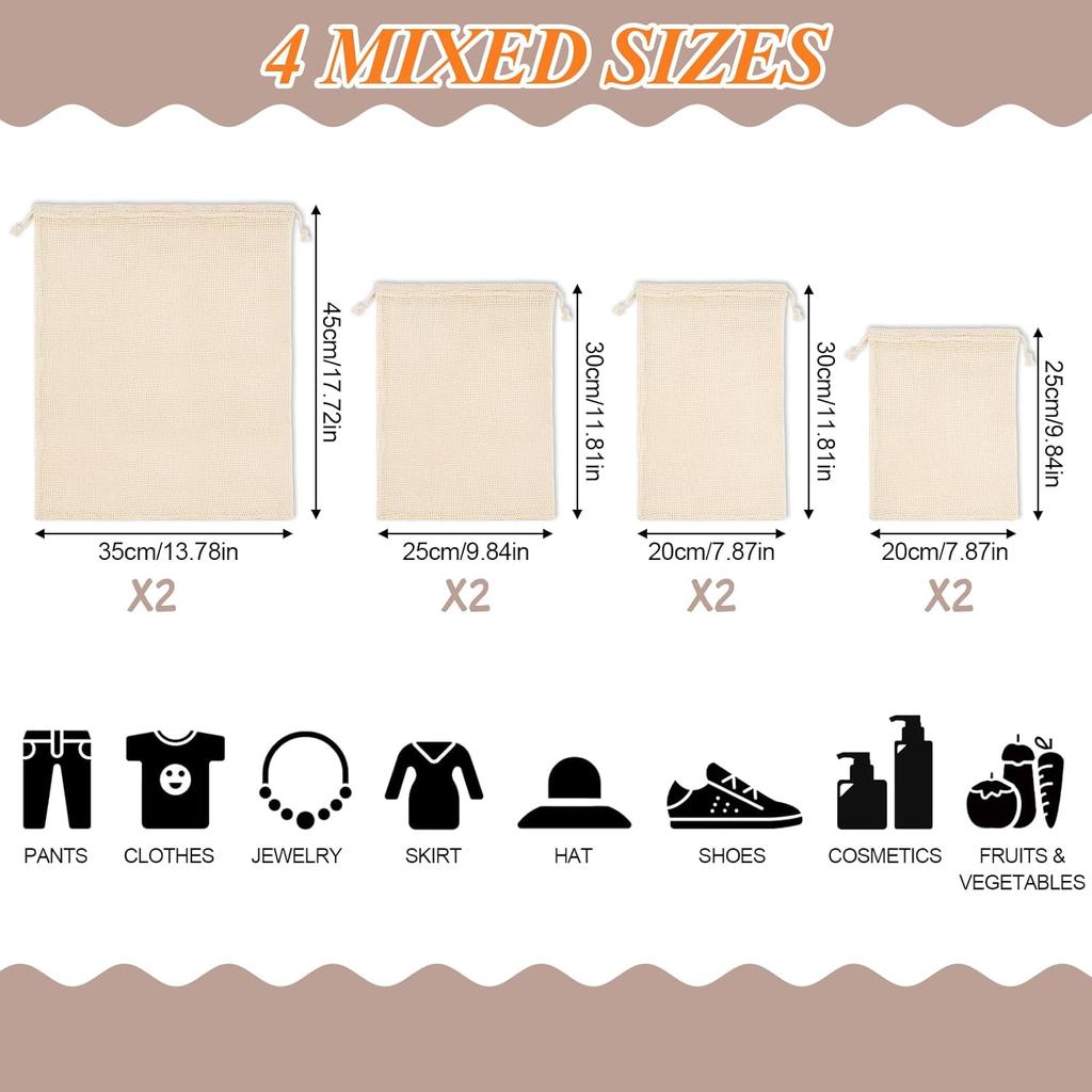 PEASUG 8 Pack Reble Produce Bags Grocery Washable, Cotton Mesh Vegetable Bags for Refrigerator Grocery Fruits and Veggies Shopping, Transporting