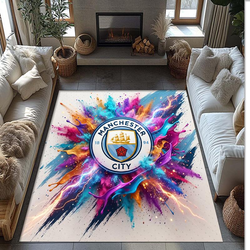 Manchester City Printed Flannel Area Rug Non Slip Soft Polyester Floor Carpet Indoor Decor Mat for Bedroom Living Room Sofa