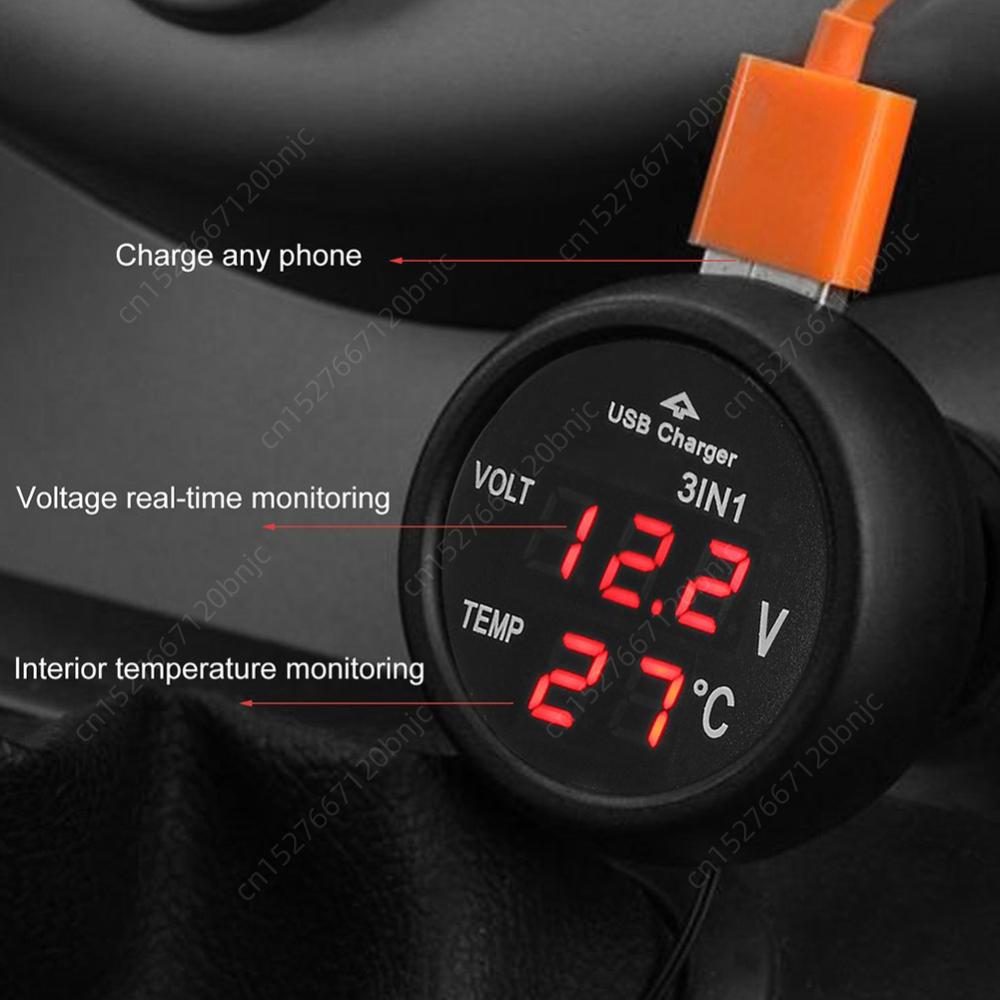 3 In 1 12/24V Car Volt Meter Auto LED Digital Voltmeter Gauge+Thermometer+USB Charger Current Meter Volt Detector Thermometer