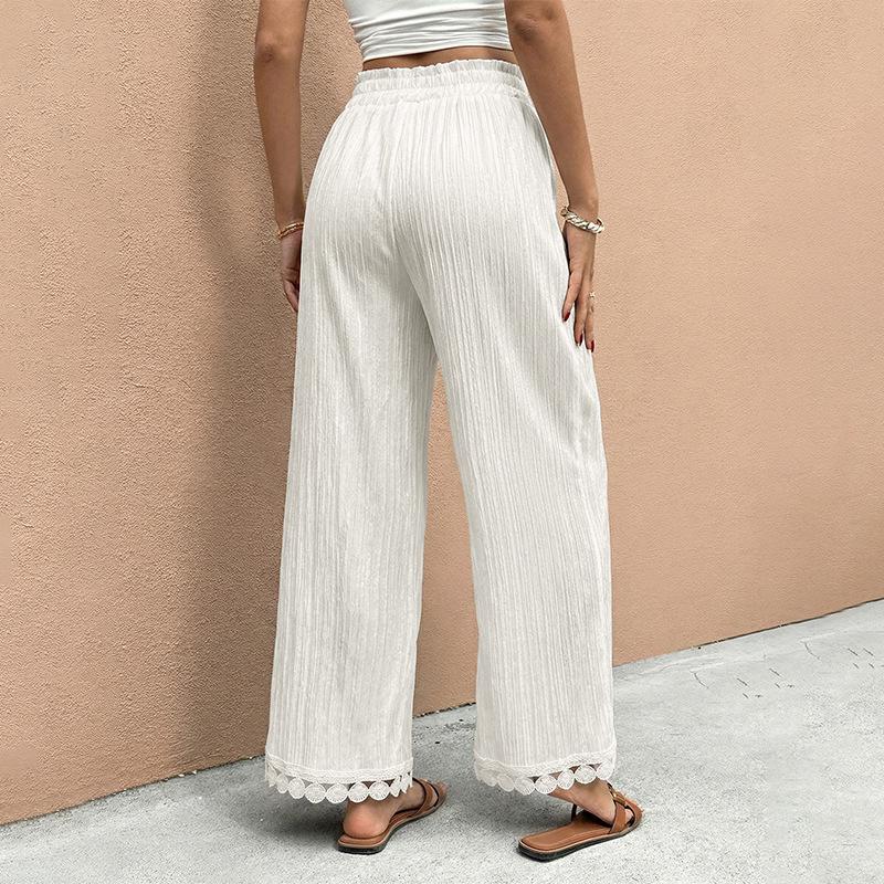 TikTok 2026 Summer Spliced Lace Tie-Up Casual Loose Straight-Leg Pants