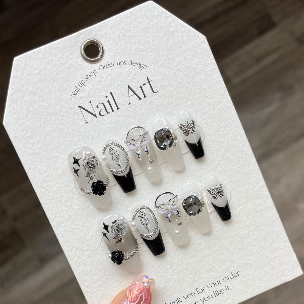 HANDMADE Artificial Nail Diamond Crystal Butterfly Camellia Gradient Phototherapy Nails Reusable and Removable Nails
