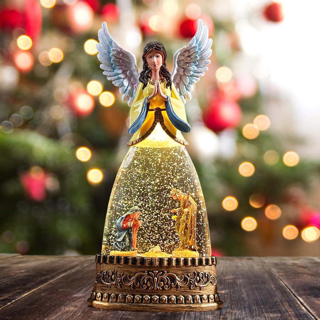 Angel Shaped Christmas Snow Globe with Light and Music Box Plastic Desktop Ornament for Table Shelf Holiday Gift