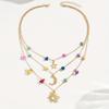 Bohemian Multi-Layer Gold Color Celestial Pendant Necklace with Colorful Stones Star & Moon Jewelry for Women