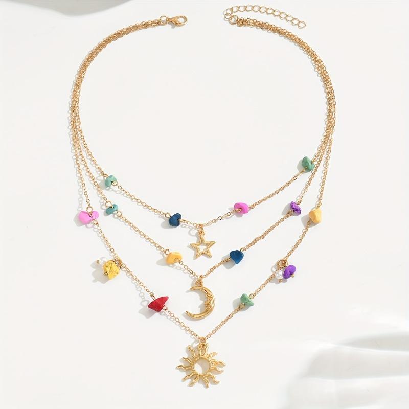 Bohemian Multi-Layer Gold Color Celestial Pendant Necklace with Colorful Stones Star & Moon Jewelry for Women