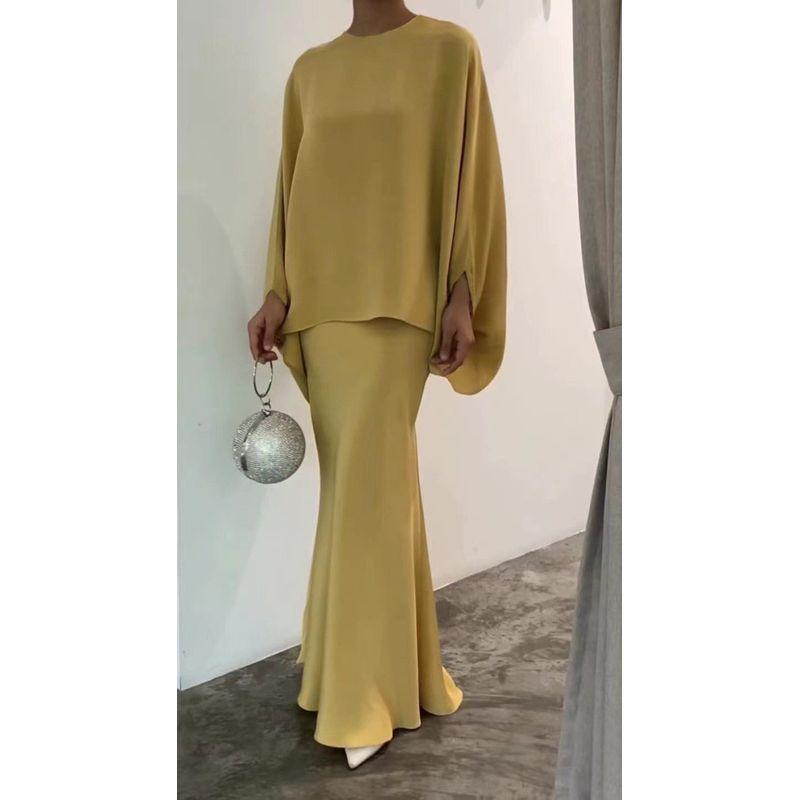 

Cross-Border Middle Eastern Turkish Fashion Women s Solid Color Top and Long Skirt European and American Elegant Floor-Length Dress Two-Piece Set Deep Katchi cloth color XXXL
