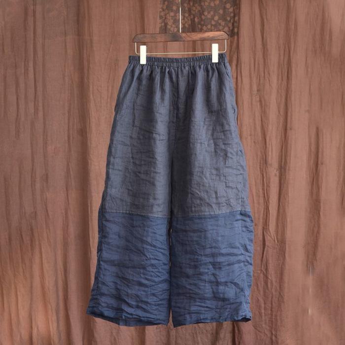 

Новые брюки из хлопка и льна, широкие брюки и повседневные брюки, солнцезащитные эластичные свободные брюки большого размера с девятью точками 2XL синий