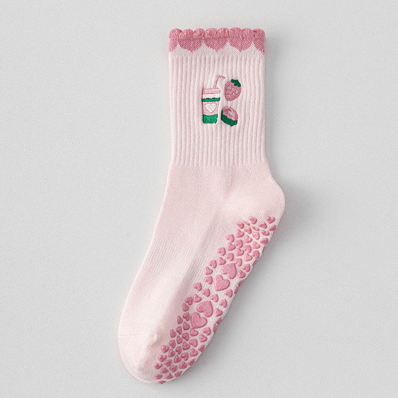 Cartoon Yoga Socken, Damen Professionelle Anti-Rutsch Mid-Calf Socken, Pilates Sport, Indoor Fitness, Weiße Bodensocken