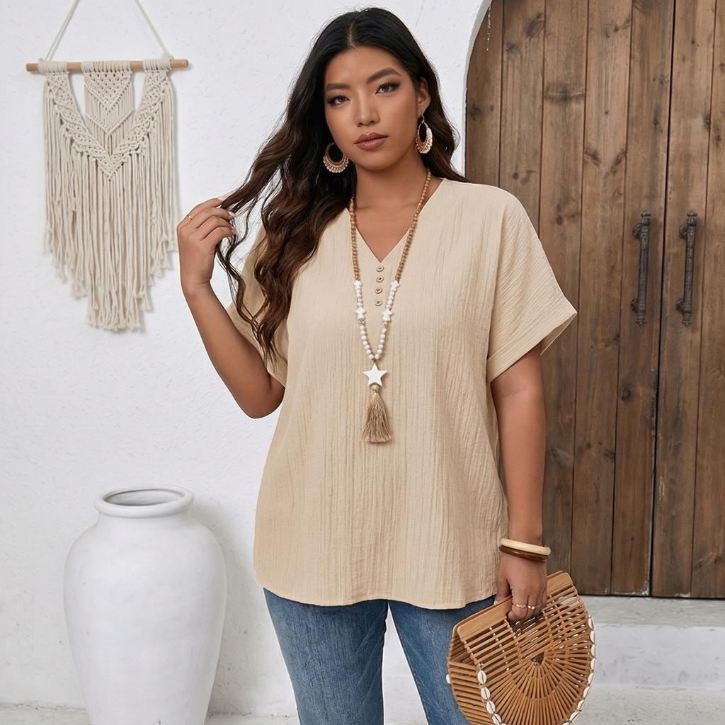 Women’s Short Sleeve V Neck Blouse with Button Loose Fit Tunic Top for Casual Daily Wear