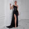 Amazon New European and American Designed, Elegant, Sexy, Fitted Evening Gown, Asymmetrical Shoulder Slit Rhinestone Dress