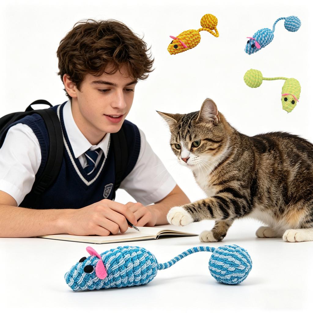 Interactive Cats Mouse Toy With Ball Tail, Colorful Woven Teaser Toy With Crinkle Sound, Automatic Cats Self-Play Entertainment Toy, Pet Chew And