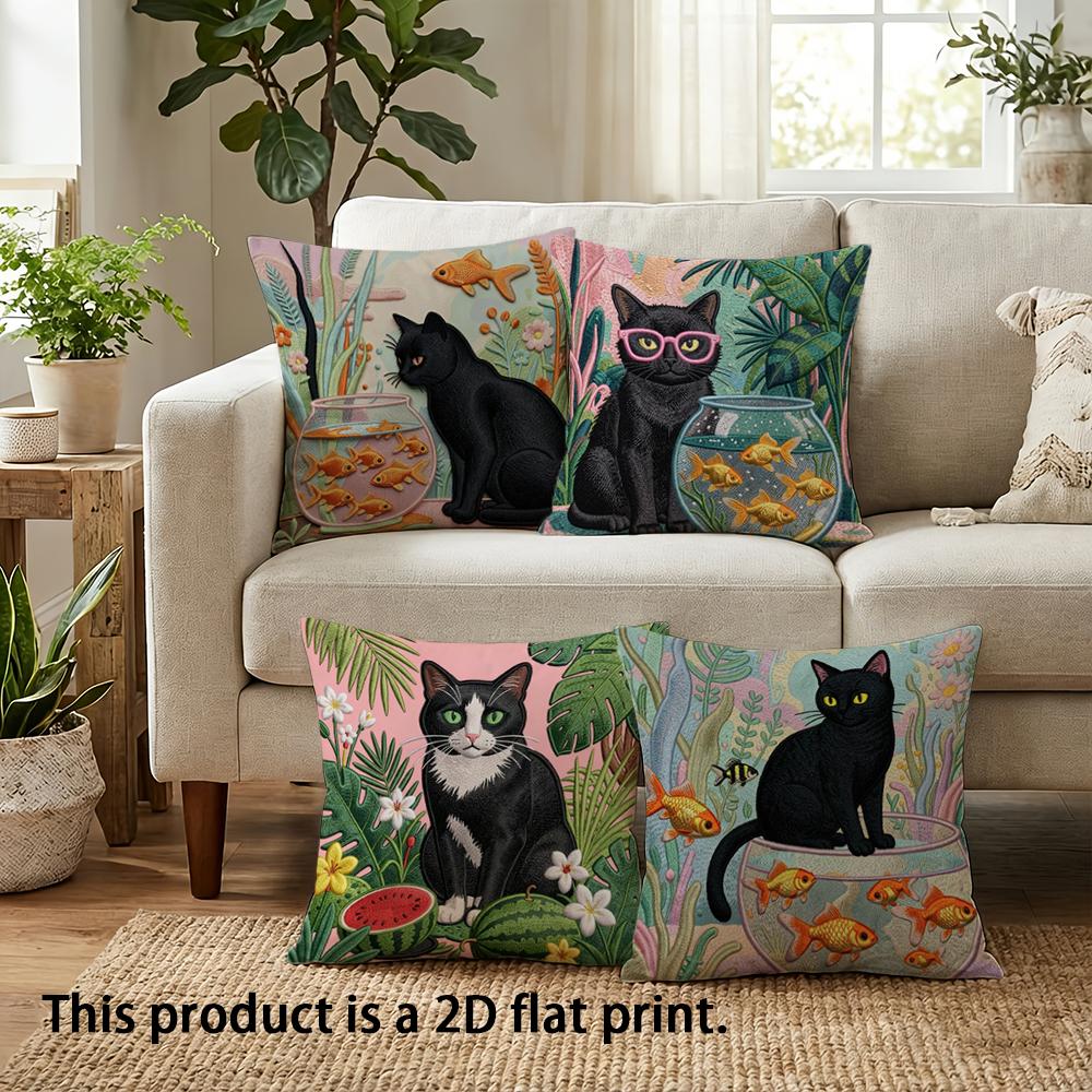 1/4Pcs Black Cats With Goldfish Print Pillowcases Sofa Bed Cushion Cover Home Bedroom Decoration, 2D Flat Printing