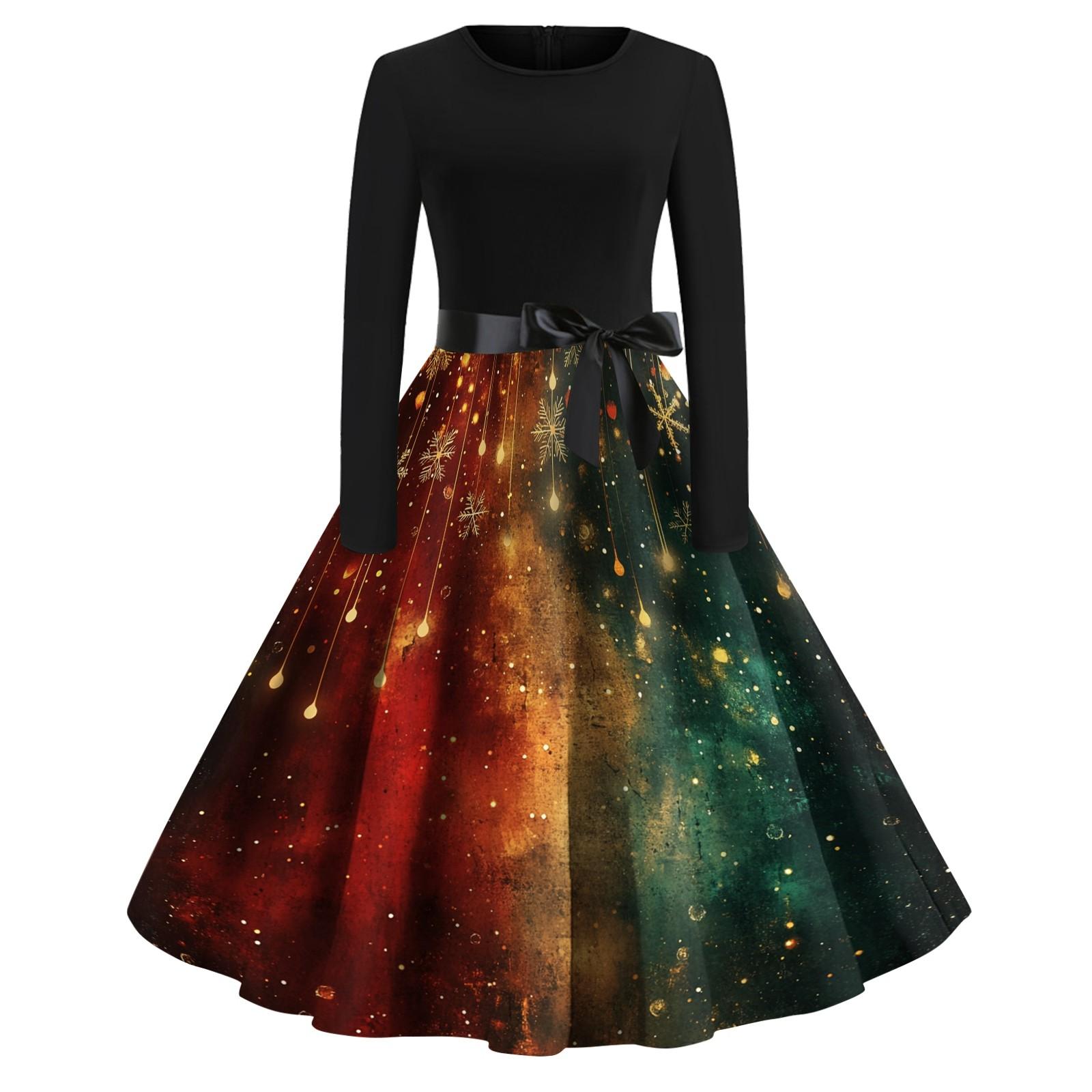 

Женское рождественское платье с круглым вырезом и большим подолом, плиссированная юбка с длинными рукавами M жёлтый