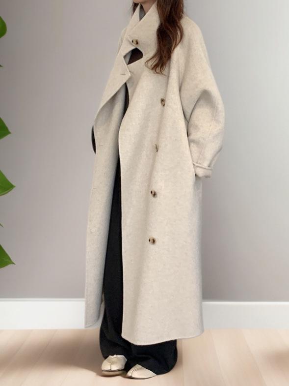 Dámský kašmírový vlněný kabát oboustranný ve stylu korejského stojáčku, jednořadé zapínání, luxusní pro podzim/zimu 2025