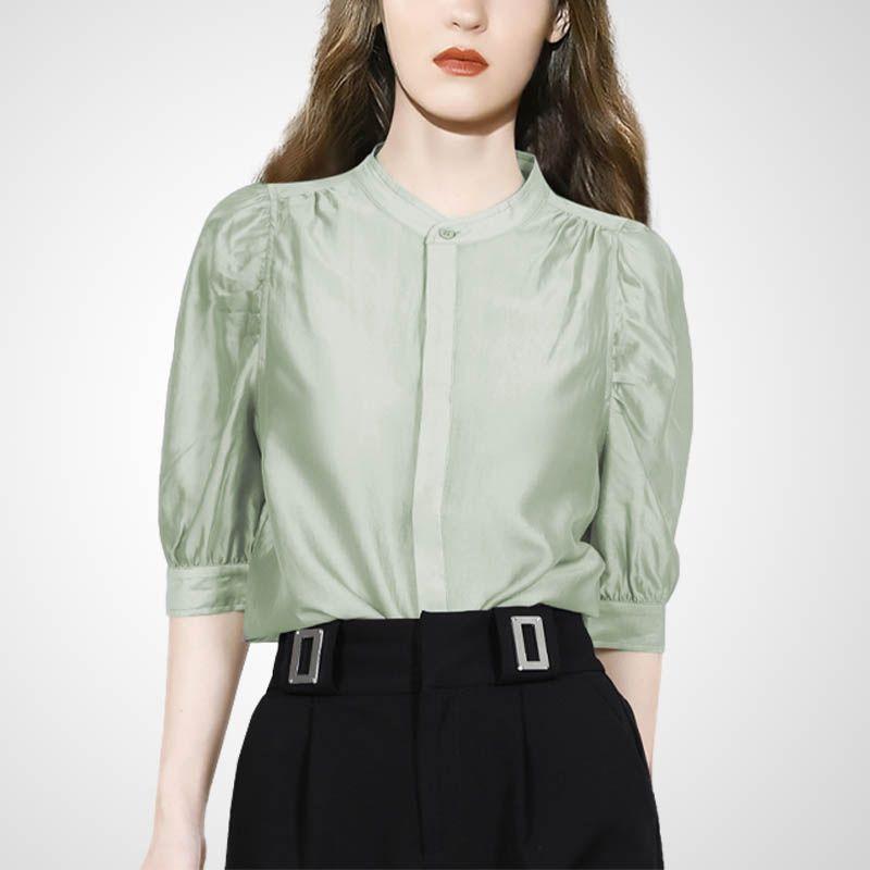 

French Style Stand-up Collar Thin Fancy Tencel Short Sleeve Shirt Green M