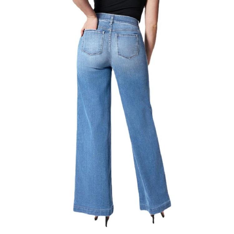 Women Stretch Denim Jeans High Waist Elastic Wide Leg Trousers Casual Long Pants Ladies