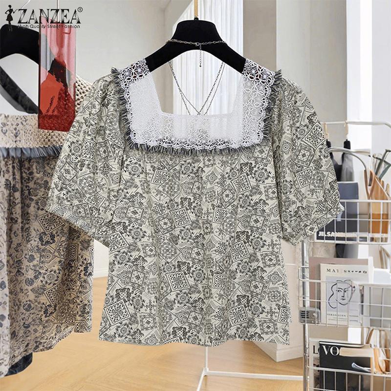 ZANZEA Women Summer Lace Splice Square Neck Casual Short Sleeve Print Blouse